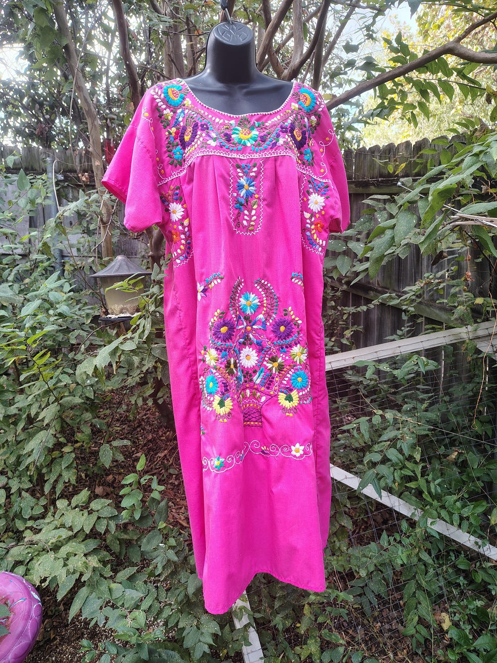 Vintage Bright Pink Embroidered Maxi Dress with Multicolor Floral Detail